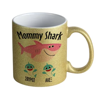 Mommy Shark (με ονόματα παιδικά), Κούπα Χρυσή Glitter που γυαλίζει, κεραμική, 330ml