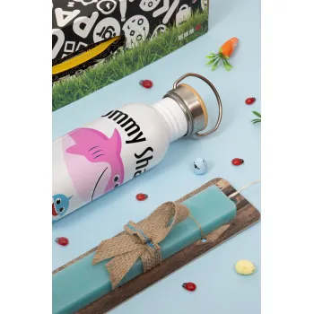 Mommy Shark (με ονόματα παιδικά), Πασχαλινή Λαμπάδα με παγούρι μεταλλικό (620ml, stainless steel) & κερί αρωματικό πλακέ (30cm) (ΤΙΡΚΟΥΑΖ)