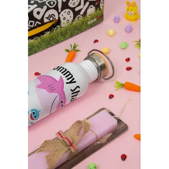 Mommy Shark (με ονόματα παιδικά), Πασχαλινή Λαμπάδα με παγούρι μεταλλικό (620ml, stainless steel) & κερί αρωματικό πλακέ (30cm) (ΡΟΖ)