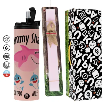 Mommy Shark (με ονόματα παιδικά), Πασχαλινή Λαμπάδα με  ΡΟΖ Travel Tumbler θερμό (600ml, BPA free) & κερί αρωματικό πλακέ (30cm) (ΡΟΖ)