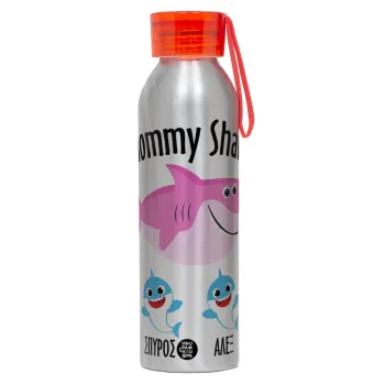 Mommy Shark (με ονόματα παιδικά), Αλουμινένιο Αθλητικό Μπουκάλι 650ml – Ασημί με Κόκκινο Καπάκι και Λουράκι Σιλικόνης