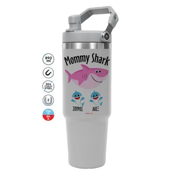 Mommy Shark (με ονόματα παιδικά), GREY color, 890ml (30oz) stainless Steel Tumbler with Handle