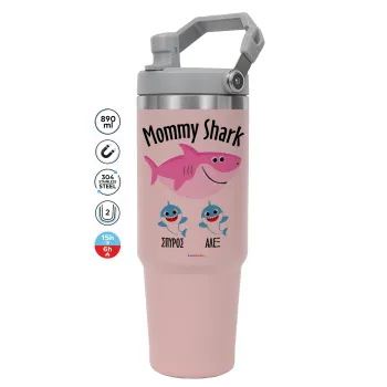 Mommy Shark (με ονόματα παιδικά), Pink color, 890ml (30oz) stainless Steel Tumbler with Handle