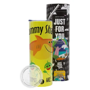 Mommy Shark (με ονόματα παιδικά), Neon Yellow Travel Tumbler θερμό, μεταλλικό καλαμάκι(Ανωξείδωτο 304 Food grade, BPA free, 600ml)