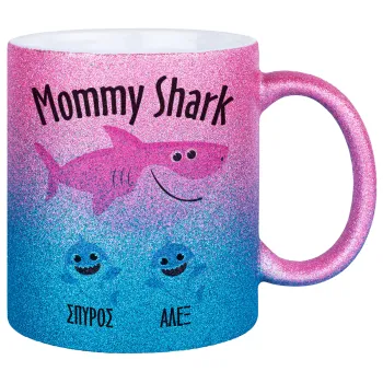 Mommy Shark (με ονόματα παιδικά), Κούπα Χρυσή/Μπλε Glitter, κεραμική, 330ml