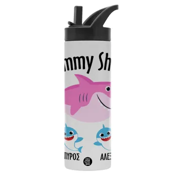 Mommy Shark (με ονόματα παιδικά), Μεταλλικό παγούρι θερμός με καλαμάκι & χειρολαβή, ανοξείδωτο ατσάλι (Stainless steel 304), διπλού τοιχώματος, 600ml