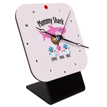 Mommy Shark (με ονόματα παιδικά), Quartz Wooden table clock with hands (10cm)