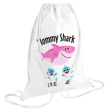 Mommy Shark (με ονόματα παιδικά), Τσάντα πλάτης πουγκί GYMBAG λευκή (28x40cm)