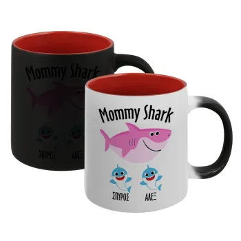 Mommy Shark (με ονόματα παιδικά), Κούπα Μαγική εσωτερικό κόκκινο, κεραμική, 330ml που αλλάζει χρώμα με το ζεστό ρόφημα