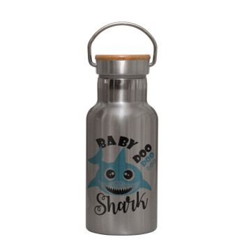 Baby Shark (boy), Stainless steel metallic thermos flask, silver with a bamboo lid, double-walled, 350ml.