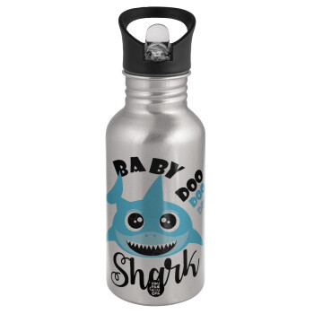 Baby Shark (boy), Water bottle Silver with straw, stainless steel 500ml