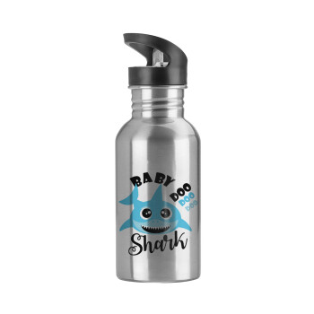 Baby Shark (boy), Παγούρι νερού Ασημένιο με καλαμάκι, ανοξείδωτο ατσάλι 600ml