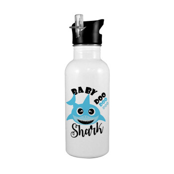 Baby Shark (boy), White water bottle with straw, stainless steel 600ml