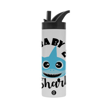 Baby Shark (boy), Μεταλλικό παγούρι θερμός με καλαμάκι & χειρολαβή, ανοξείδωτο ατσάλι (Stainless steel 304), διπλού τοιχώματος, 600ml