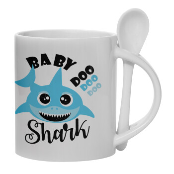 Baby Shark (boy), Ceramic coffee mug with Spoon, 330ml (1pcs)