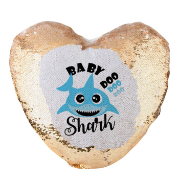 Baby Shark (boy), Μαξιλάρι καναπέ καρδιά Μαγικό Χρυσό με πούλιες 40x40cm περιέχεται το  γέμισμα