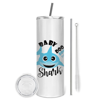 Baby Shark (boy), Tumbler ποτήρι θερμό από ανοξείδωτο ατσάλι 600ml, με μεταλλικό καλαμάκι & βούρτσα καθαρισμού