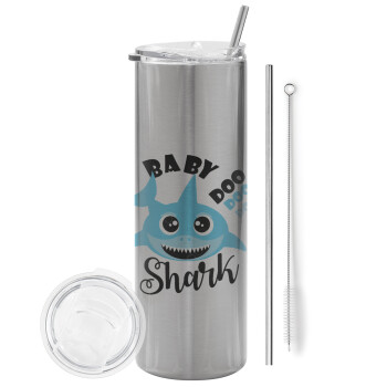 Baby Shark (boy), Tumbler ποτήρι θερμό Ασημένιο από ανοξείδωτο ατσάλι 600ml, με μεταλλικό καλαμάκι & βούρτσα καθαρισμού