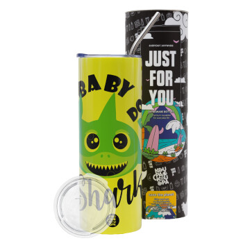 Baby Shark (boy), Neon Yellow Travel Tumbler, with metal straw (Stainless steel 304 Food grade, BPA free, 600ml)