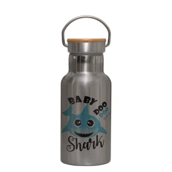 Baby Shark (boy), Stainless steel metallic thermos flask, silver with a bamboo lid, double-walled, 350ml.