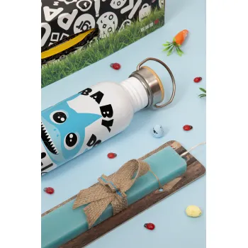 Baby Shark (boy), Πασχαλινή Λαμπάδα με παγούρι μεταλλικό (620ml, stainless steel) & κερί αρωματικό πλακέ (30cm) (ΤΙΡΚΟΥΑΖ)