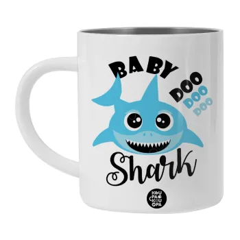 Baby Shark (boy), Λευκή Ανοξείδωτη Μεταλλική Κούπα 450ml - Διπλού Τοιχώματος 