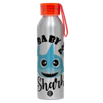 Baby Shark (boy), Αλουμινένιο Αθλητικό Μπουκάλι 650ml – Ασημί με Κόκκινο Καπάκι και Λουράκι Σιλικόνης