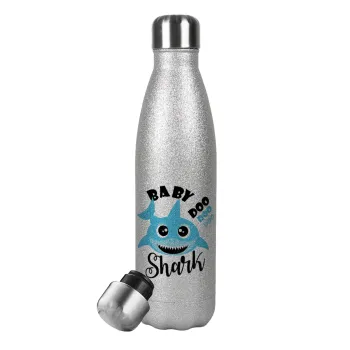 Baby Shark (boy), Metallic Glitter Silver Thermos Flask (Stainless steel), double-walled, 500ml