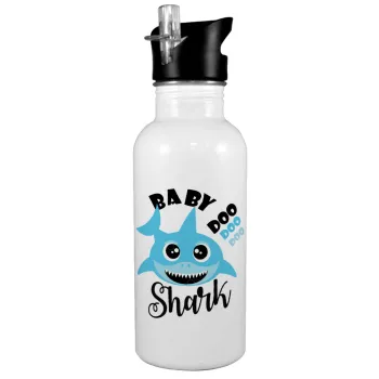 Baby Shark (boy), White water bottle with straw, stainless steel 600ml