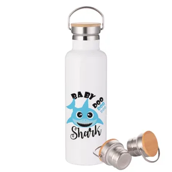 Baby Shark (boy), Stainless steel White with wooden lid (bamboo), double wall, 750ml