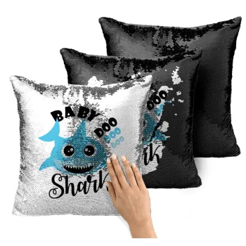 Baby Shark (boy), Μαξιλάρι καναπέ Μαγικό Μαύρο με πούλιες 40x40cm περιέχεται το γέμισμα