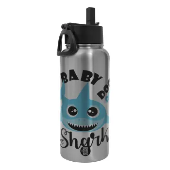 Baby Shark (boy), Metal mug thermo Silver with Straw and Spout Lid (Stainless steel), double wall, 950ml
