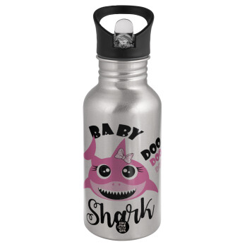 Baby Shark (girl), Water bottle Silver with straw, stainless steel 500ml
