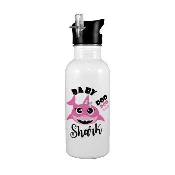 Baby Shark (girl), White water bottle with straw, stainless steel 600ml