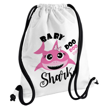 Baby Shark (girl), Τσάντα πλάτης πουγκί GYMBAG λευκή, με τσέπη (40x48cm) & χονδρά κορδόνια