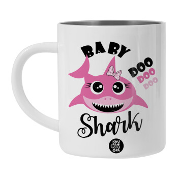 Baby Shark (girl), Λευκή Ανοξείδωτη Μεταλλική Κούπα 450ml - Διπλού Τοιχώματος 