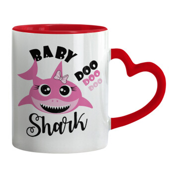 Baby Shark (girl), Κούπα καρδιά χερούλι κόκκινη, κεραμική, 330ml
