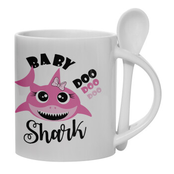 Baby Shark (girl), Ceramic coffee mug with Spoon, 330ml (1pcs)