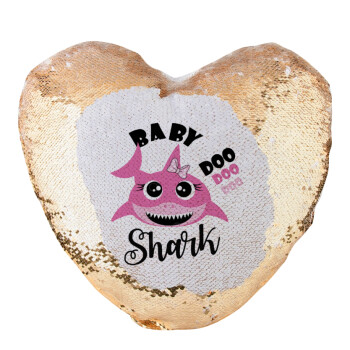 Baby Shark (girl), Μαξιλάρι καναπέ καρδιά Μαγικό Χρυσό με πούλιες 40x40cm περιέχεται το  γέμισμα