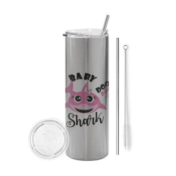 Baby Shark (girl), Eco friendly stainless steel Silver tumbler 600ml, with metal straw & cleaning brush