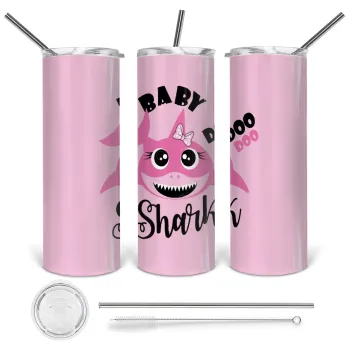 Baby Shark (girl), Tumbler ποτήρι θερμό από ανοξείδωτο ατσάλι 600ml, με μεταλλικό καλαμάκι & βούρτσα καθαρισμού