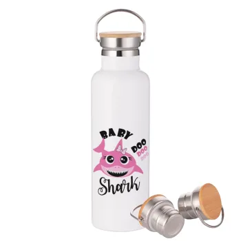 Baby Shark (girl), Stainless steel White with wooden lid (bamboo), double wall, 750ml