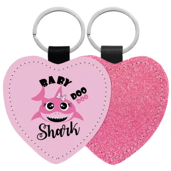 Baby Shark (girl), Μπρελόκ PU δερμάτινο glitter καρδιά ΡΟΖ