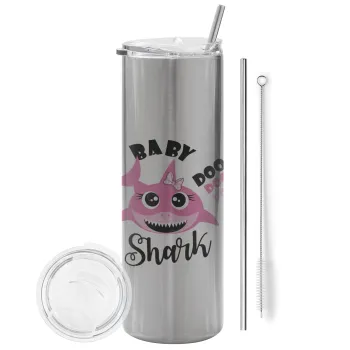 Baby Shark (girl), Tumbler ποτήρι θερμό Ασημένιο από ανοξείδωτο ατσάλι 600ml, με μεταλλικό καλαμάκι & βούρτσα καθαρισμού