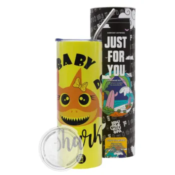 Baby Shark (girl), Neon Yellow Travel Tumbler θερμό, μεταλλικό καλαμάκι(Ανωξείδωτο 304 Food grade, BPA free, 600ml)