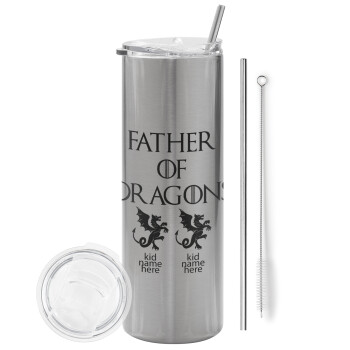 GOT, Father of Dragons  (με ονόματα παιδικά), Tumbler ποτήρι θερμό Ασημένιο από ανοξείδωτο ατσάλι 600ml, με μεταλλικό καλαμάκι & βούρτσα καθαρισμού