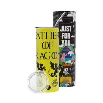 GOT, Father of Dragons  (με ονόματα παιδικά), Neon Yellow Travel Tumbler θερμό, μεταλλικό καλαμάκι(Ανωξείδωτο 304 Food grade, BPA free, 600ml)