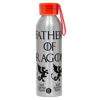 GOT, Father of Dragons  (με ονόματα παιδικά), Αλουμινένιο Αθλητικό Μπουκάλι 650ml – Ασημί με Κόκκινο Καπάκι και Λουράκι Σιλικόνης