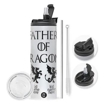GOT, Father of Dragons  (με ονόματα παιδικά), Travel Tumbler θερμό με διπλό καπάκι, μεταλλικό καλαμάκι και βούρτσα καθαρισμού (Ανωξείδωτο 304 Food grade, BPA free, 600ml)