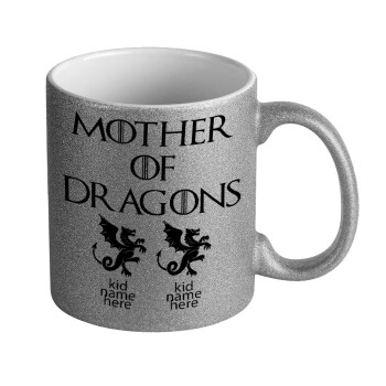 GOT, Mother of Dragons  (με ονόματα παιδικά), Κούπα Ασημένια Glitter που γυαλίζει, κεραμική, 330ml